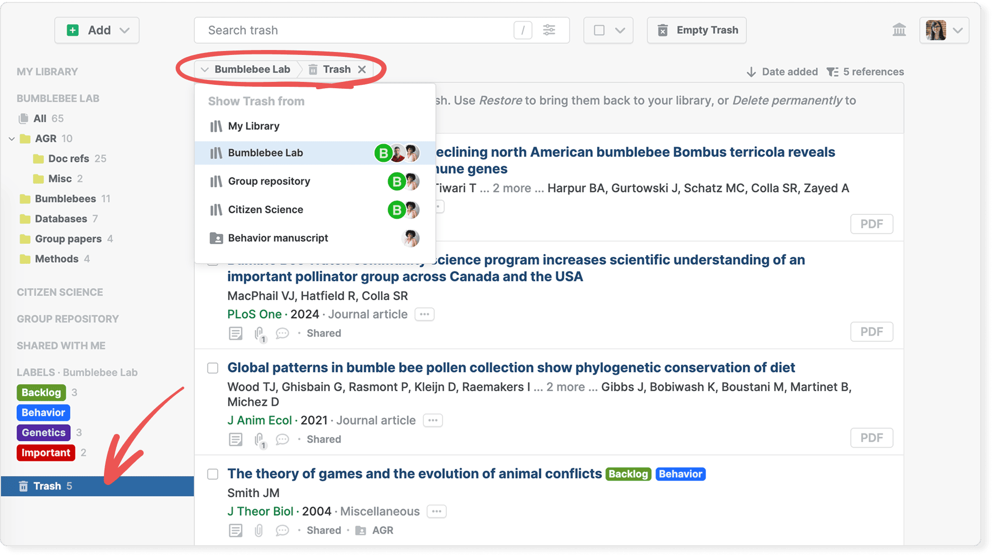 The Trash view with a circled “Bumblebee Lab › Trash” breadcrumb opening a “Show Trash from” list of My Library, Bumblebee Lab, Group repository, Citizen Science and Behavior manuscript, and an arrow pointing to Trash in the sidebar.